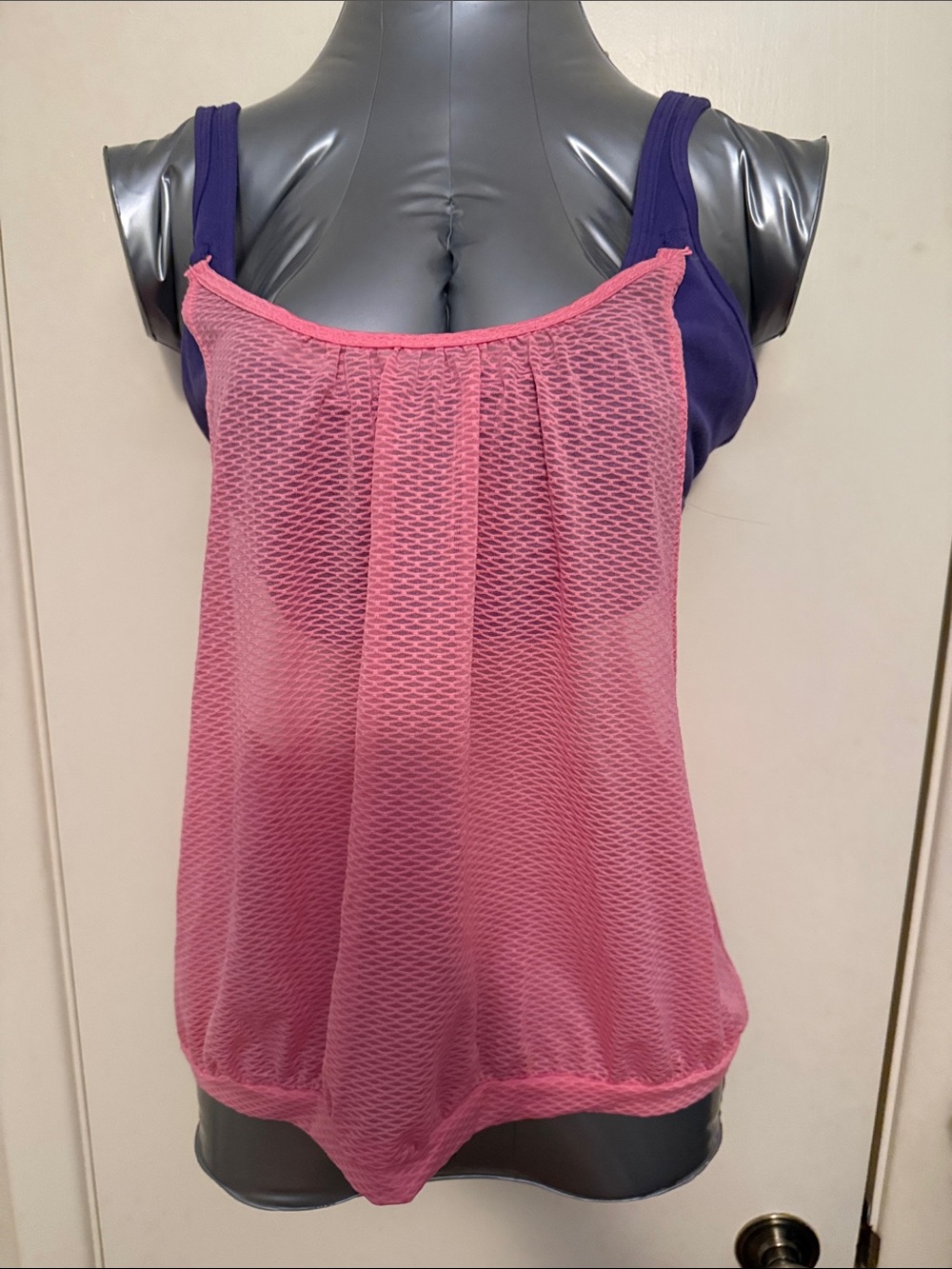 Balini Pink Mesh Layered Tank Top with Purple Underlayer Sports Bra Size Large